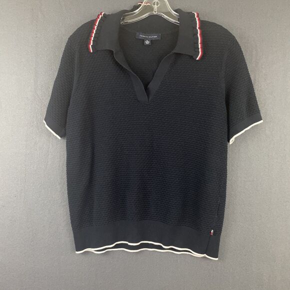 Tommy Hilfiger Women's Cotton Short-Sleeve Polo Sweater Navy Blue Sz XL - Picture 1 of 5